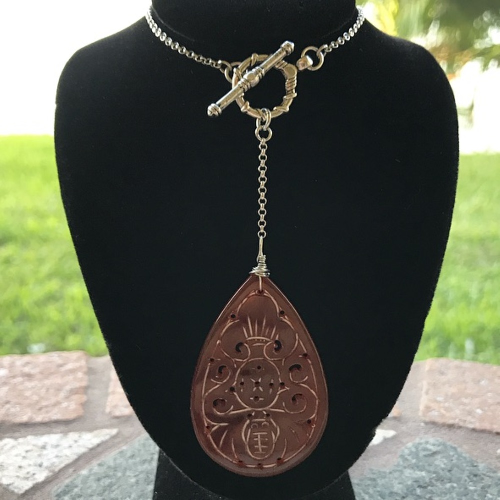 Genuine carved carnelian gemstone lariat necklace - Picture 4 of 8